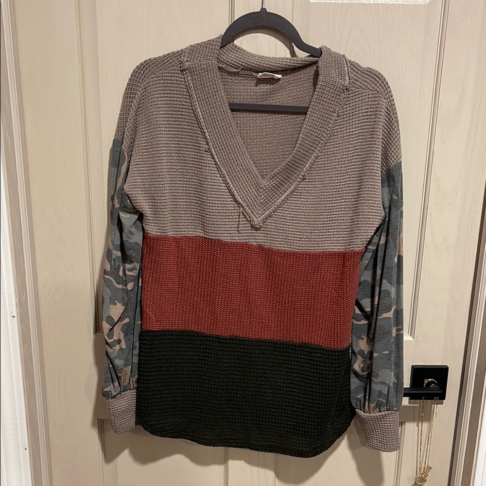 BiBi Cream and Red V-Neck Sweater